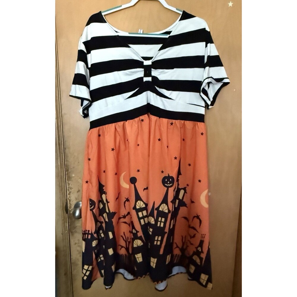 Rosegal Halloween Dress 5XL Orange Black Haunted Town Striped Plus Size EUC